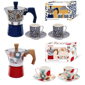 MA MAISON SET CAFFETTIERA + 2 TAZZINE CON PIATTINO MODELLO FANTASY COLORI ASSORTITI