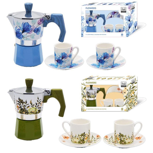 MA MAISON SET CAFFETTIERA + 2 TAZZINE CON PIATTINO MODELLO FLOREALE COLORI ASSORTITI