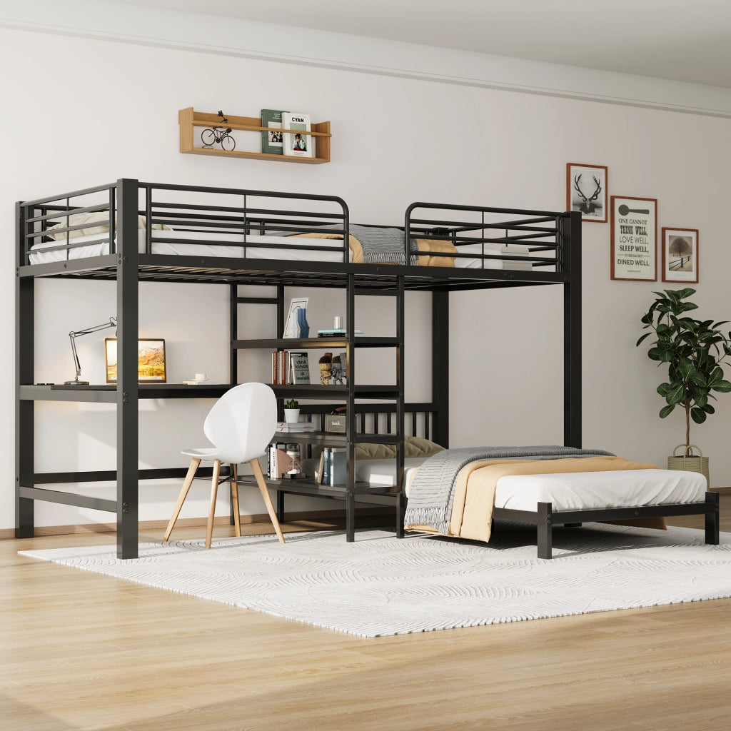 Letto a Soppalco 90 x 200 cm; Letto 2 Posti - Scrivania; USB e Type-C; MDF e Metallo; Nero