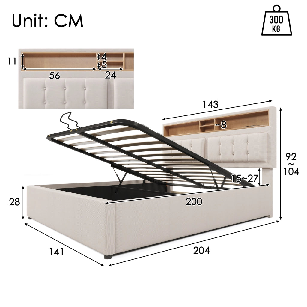 Letto Contenitore Matrimoniale 140×200 cm con USB; Tipo C e 2 Prese; Testiera Regolabile; senza Materasso
