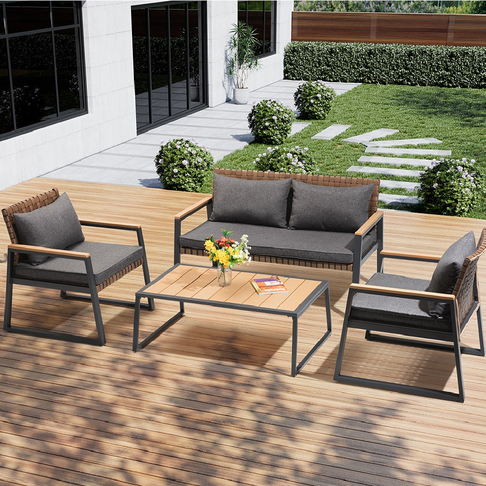 Set da Giardino 4pz Salotto Poltrone Tavolino Metallo e Polyrattan con Cuscini