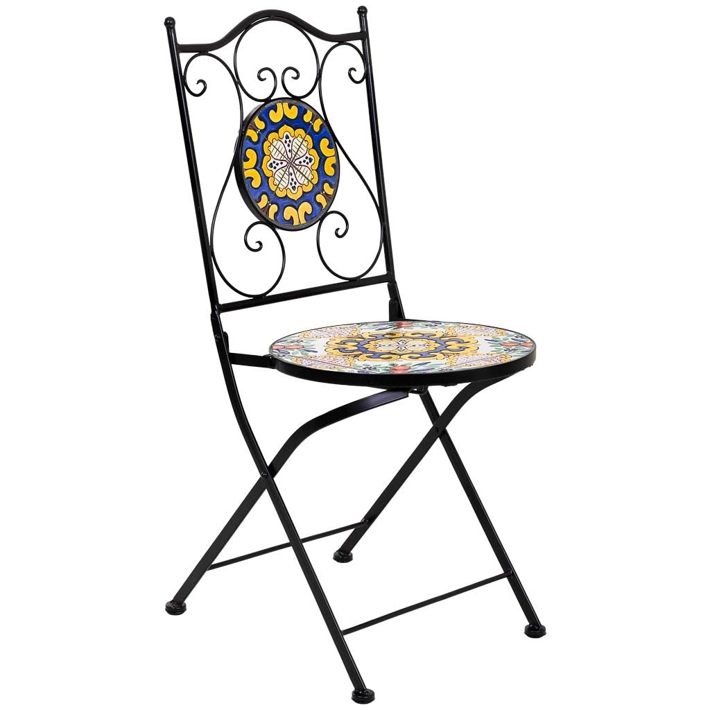 Set tavolo e due sedie in mosaico nero e ferro battuto tavolo: D60x75h - sedia (2): D38x46-90h