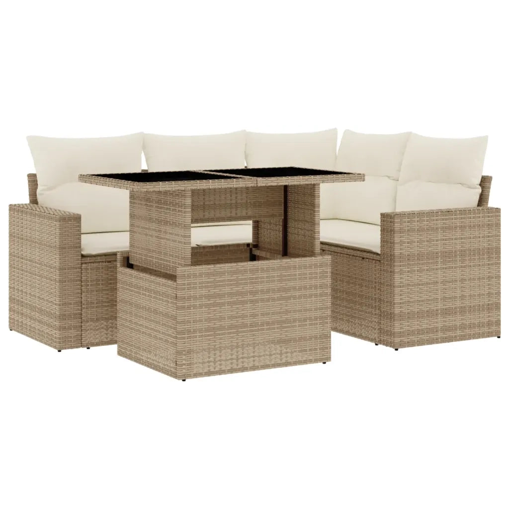 Set Divano da Giardino 5 pz con Cuscini Beige in Polyrattan