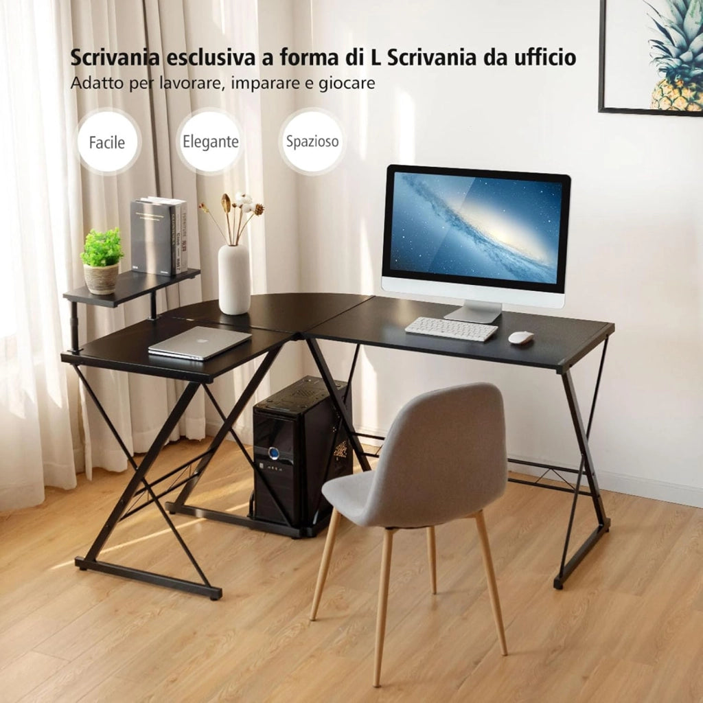 Scrivania Angolare Salvaspazio, Scrivania di Metallo e Legno con Supporto per Monitor e Ripiano, Scrivania ad Angolo Staccabile per Ufficio e Casa (Nero)