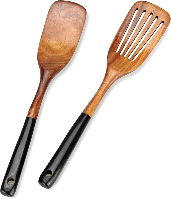 Set di spatole in legno per la cucina a 2 pezzi - Accessori in legno di teak non tossici - Spatola per pancakes con testa a grata - Spatola piatta in legno per wok - Cucchiaio di legno per cucina in bambù