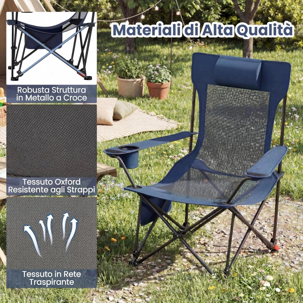 Sedia da Campeggio con Poggiapiedi Rimovibile, Poltrona Pieghevole con Schinale Reclinabile, Braccioli e Portabicchieri, Portata 150 kg, Sdraio in Testtuto Oxford per Giardino Spiaggia (Blu)