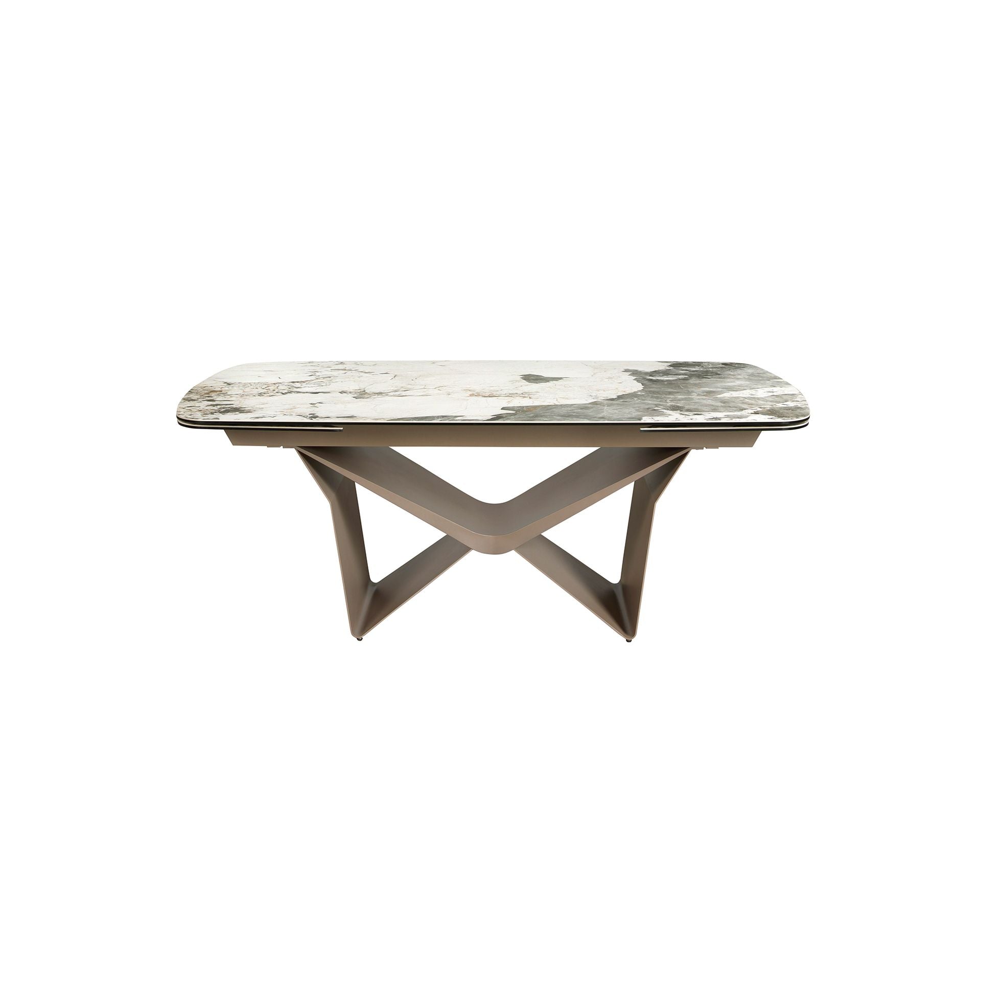 Tavolo da pranzo allungabile ovale a botte in marmo porcellanato e acciaio metallizzato taupe
