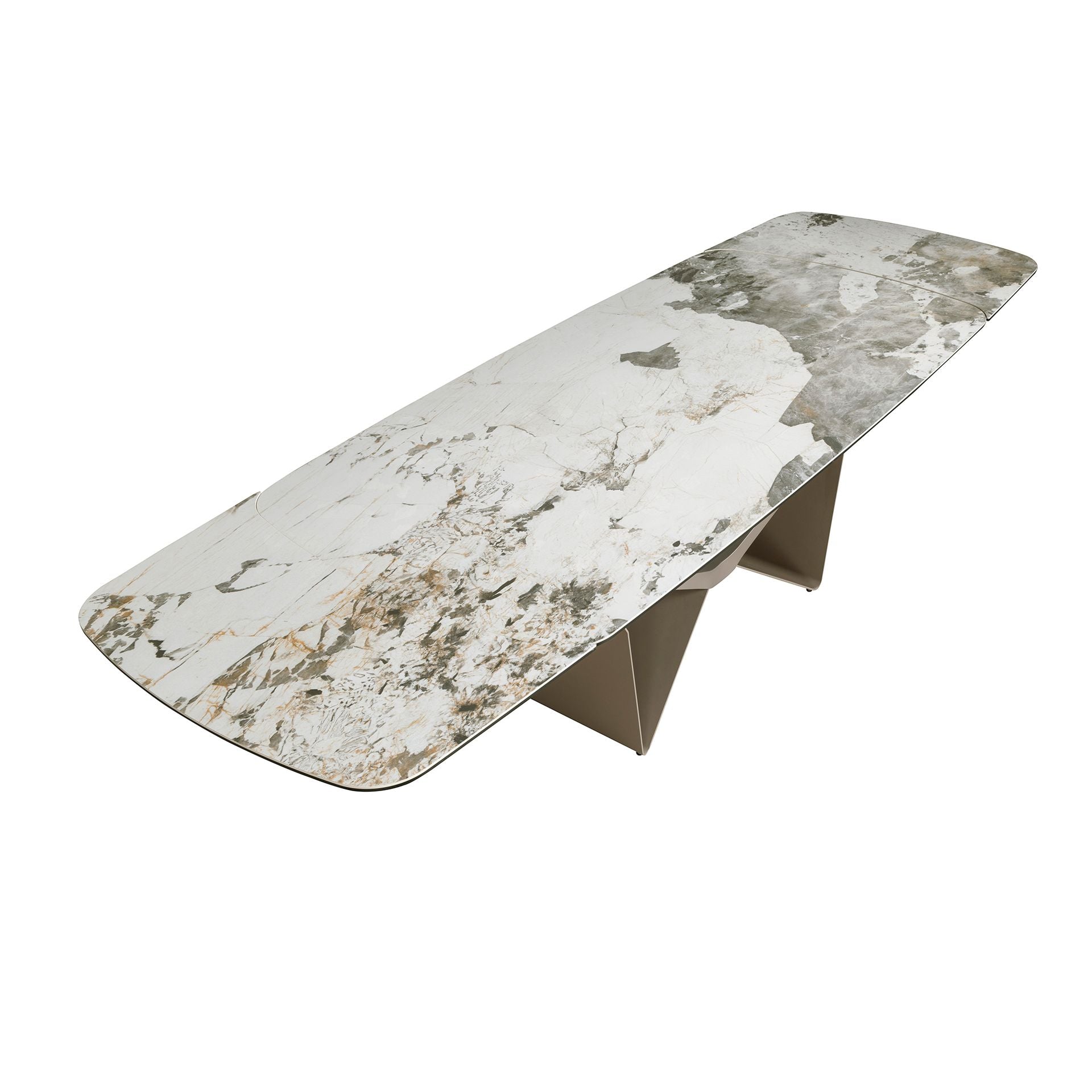 Tavolo da pranzo allungabile ovale a botte in marmo porcellanato e acciaio metallizzato taupe