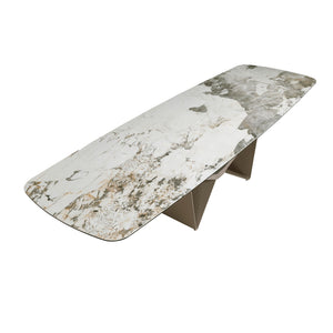 Tavolo da pranzo allungabile ovale a botte in marmo porcellanato e acciaio metallizzato taupe