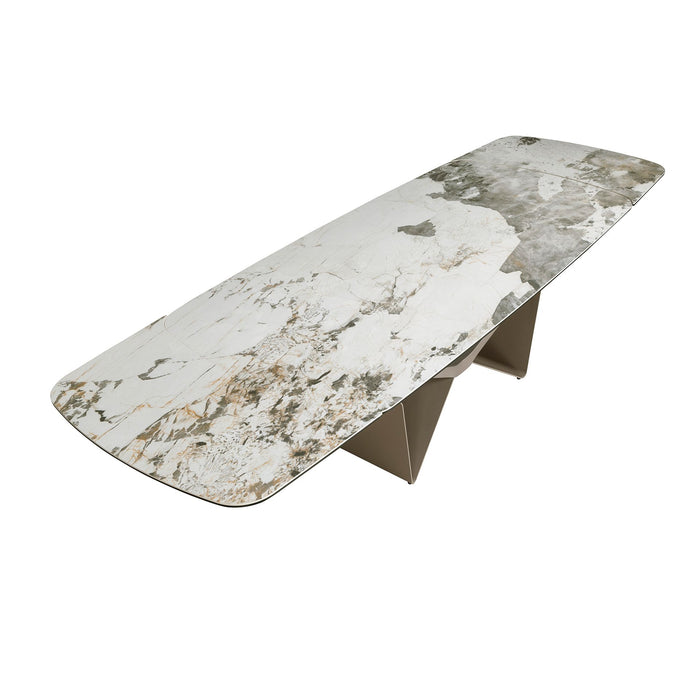 Tavolo da pranzo allungabile ovale a botte in marmo porcellanato e acciaio metallizzato taupe