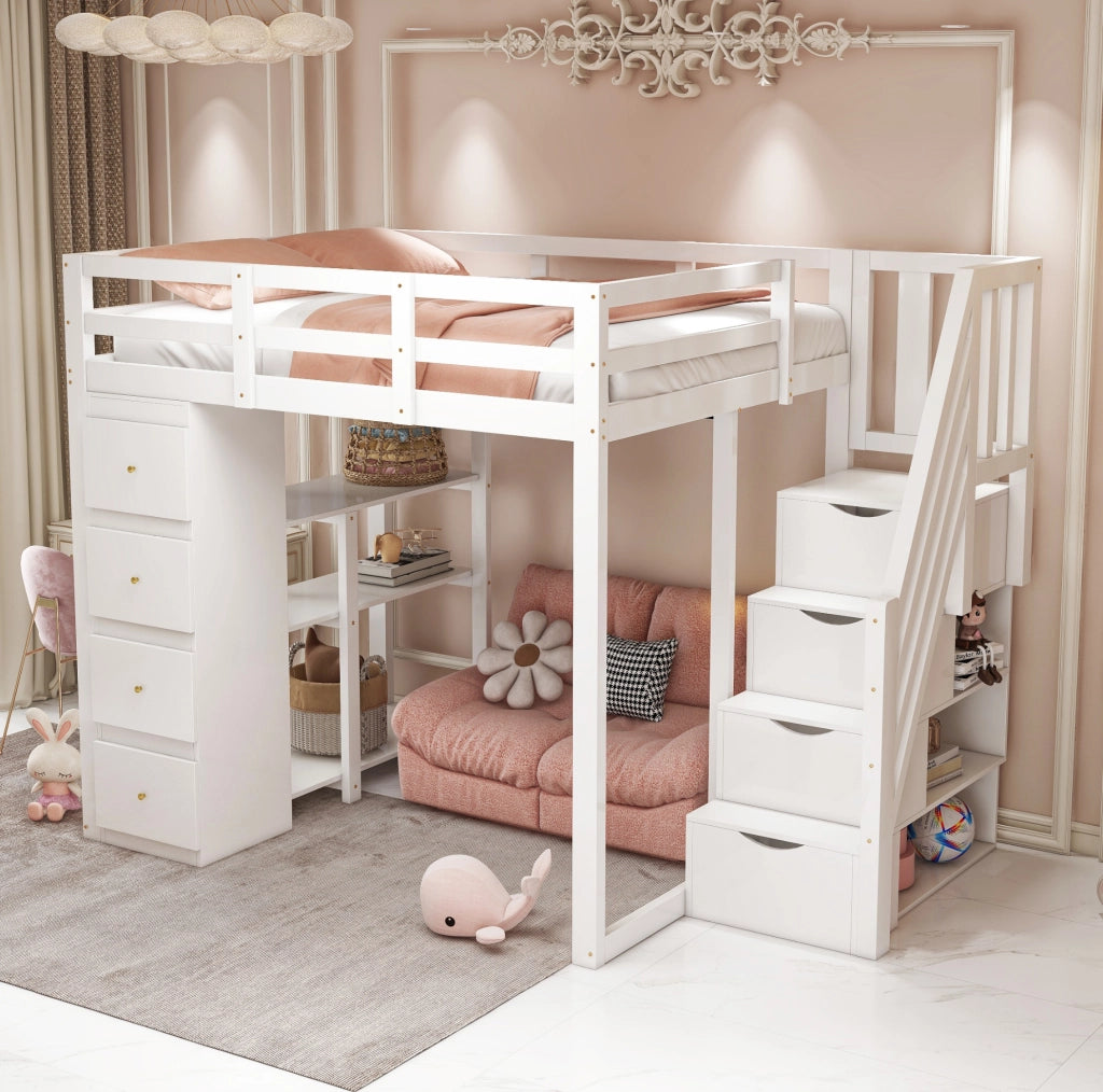Letto a soppalco 140x200 cm con 4 cassetti; ripiani e scala laterale; bianco