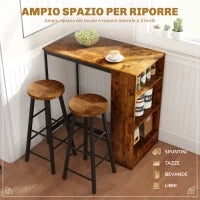 Set da Pranzo con Bancone Bar con 3 Ripiani e 2 Sgabelli Alti con Poggiapiedi Stile Industriale, Marrone