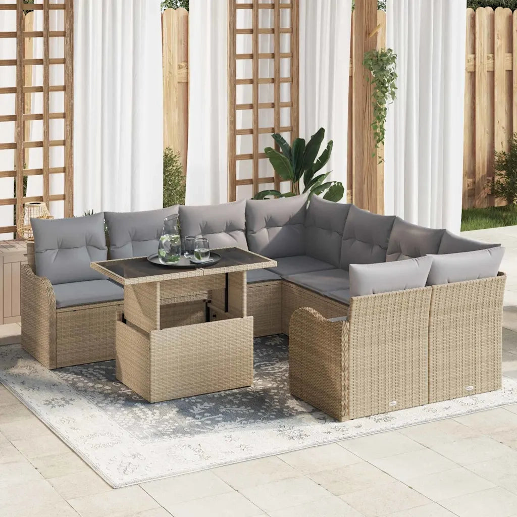 Set Divano da Giardino con cuscino 9 pcs Beige Polyrattan 3357173
