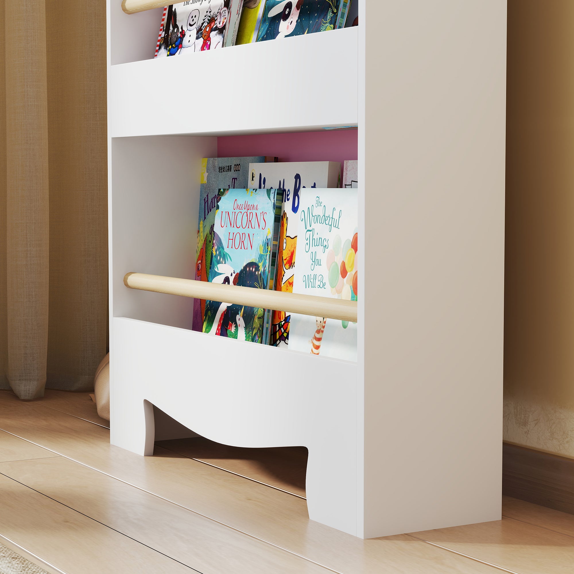 Libreria per Bambini 55x15x110 cm a Forma di Orsetto a 3 Ripiani con Barriere Frontali in MDF e Legno Rosa