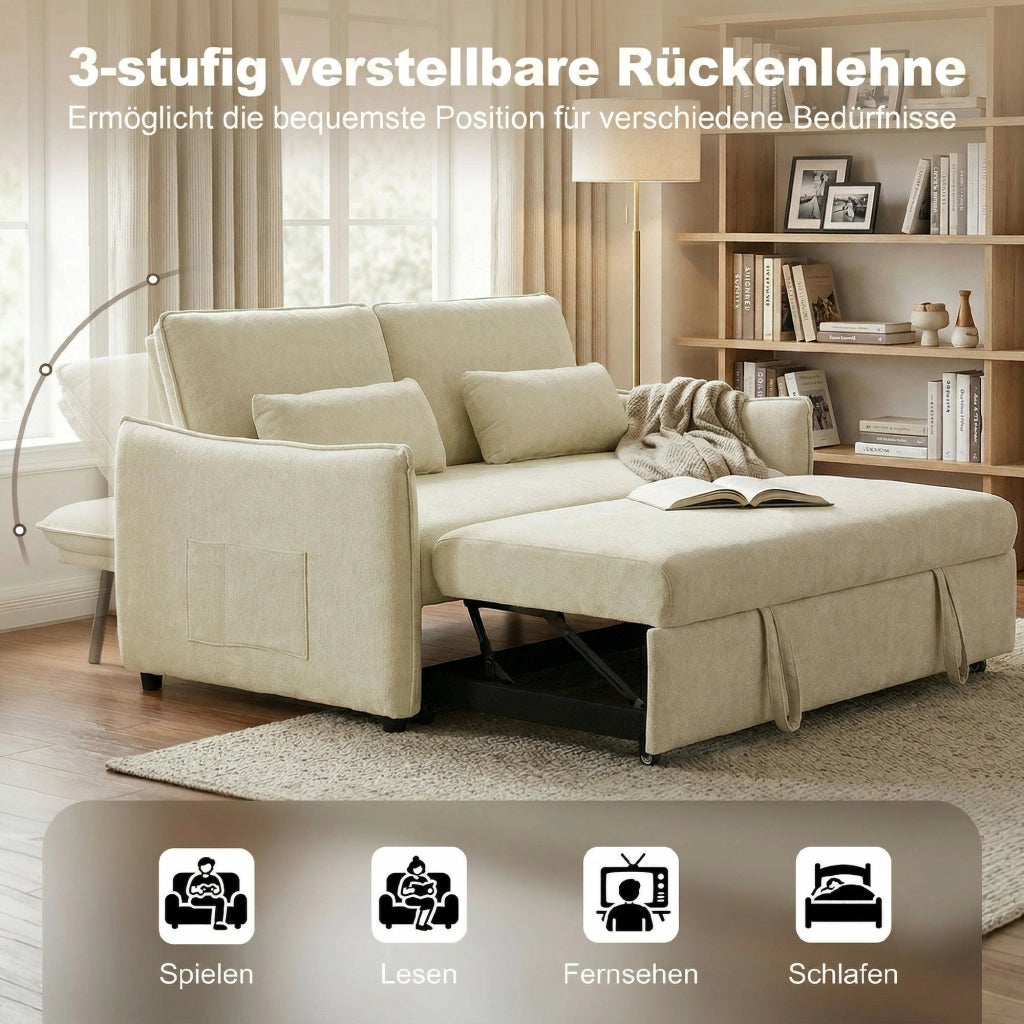 Divano letto 2 posti regolabile con braccioli, portaoggetti e tasche laterali ¨C zephmum ¨C Beige