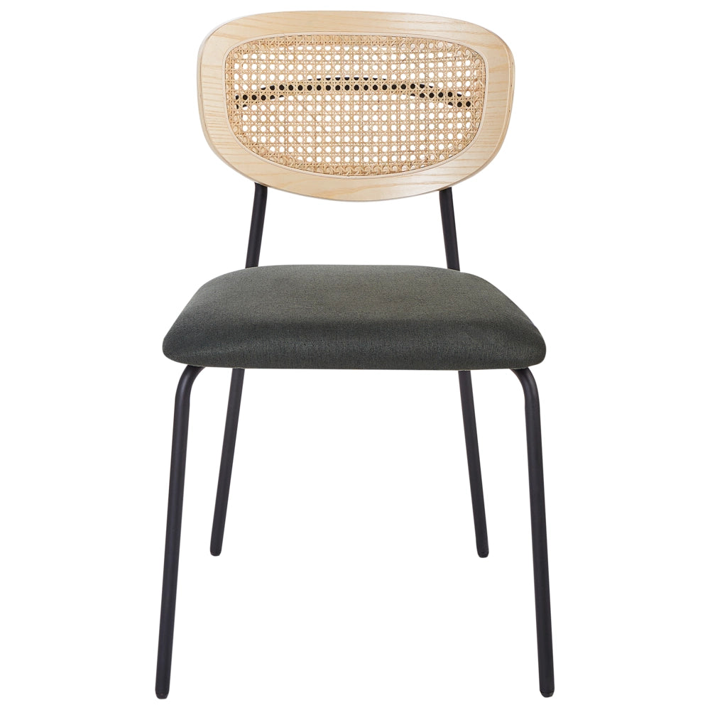 Set di 2 sedie da pranzo Rivestimento in poliestere verde scuro Schienale in rattan naturale a treccia viennese Gambe in metallo nero Sgabelli senza braccioli