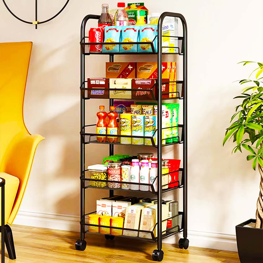 Carrello da Cucina Multiuso in Metallo Portaoggetti 5Ripiani 44x26 H 104cm Nero