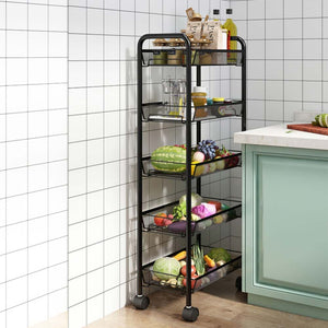 Carrello da Cucina Multiuso in Metallo Portaoggetti 5Ripiani 44x26 H 104cm Nero