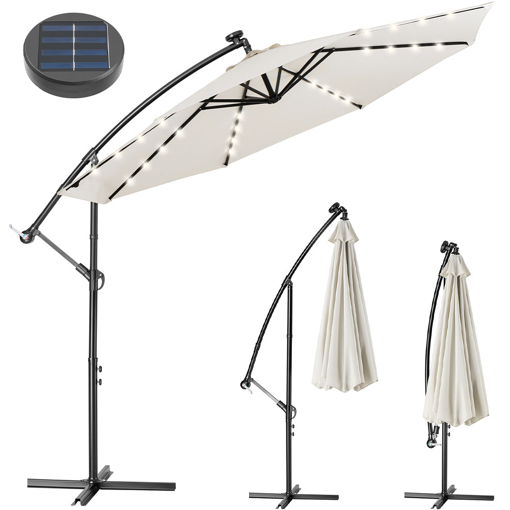 Ombrellone da Giardino 3mt Palo Decentrato 8stecche Carrucola Luci Led Beige