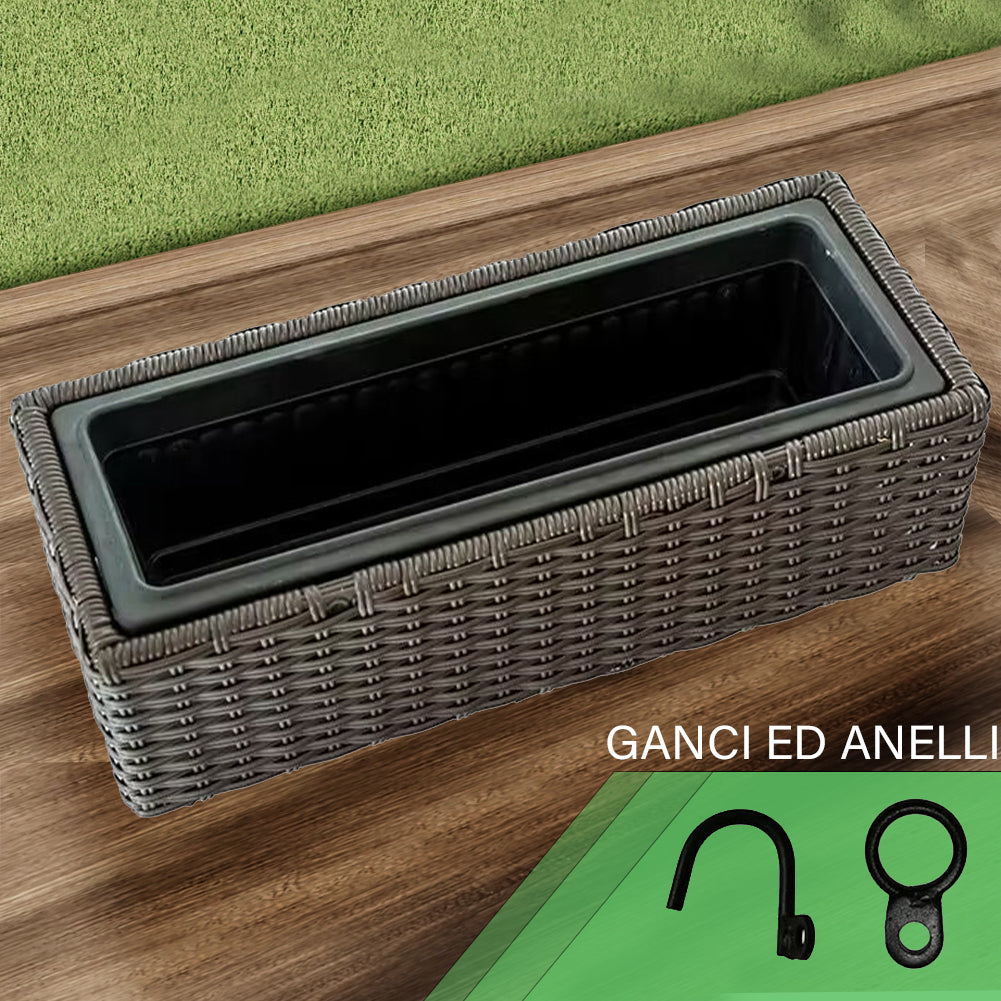 Fioriera Vaso da Terrazzo Ringhiera Giardino Esterno Balcone in Rattan 54x22x17cm