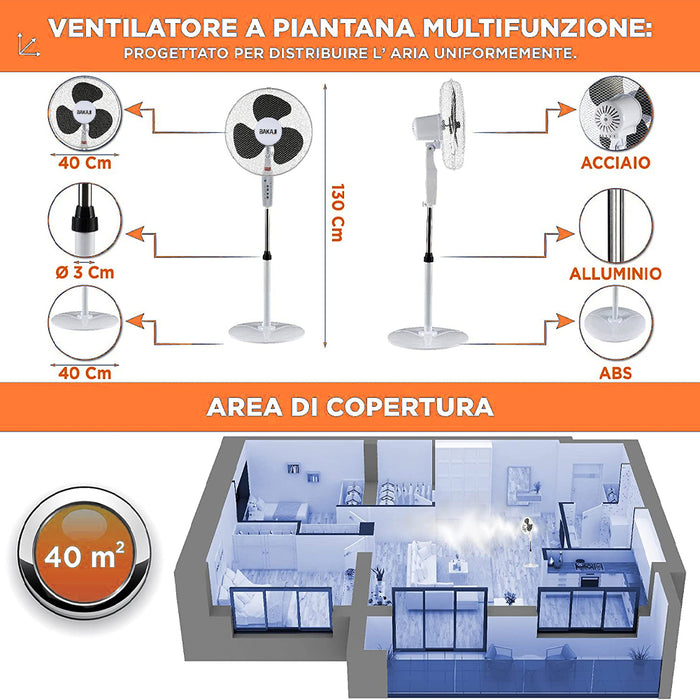 Ventilatore a Piantana Bianco 50W con Telecomando Timer 3 Velocità Base Tonda