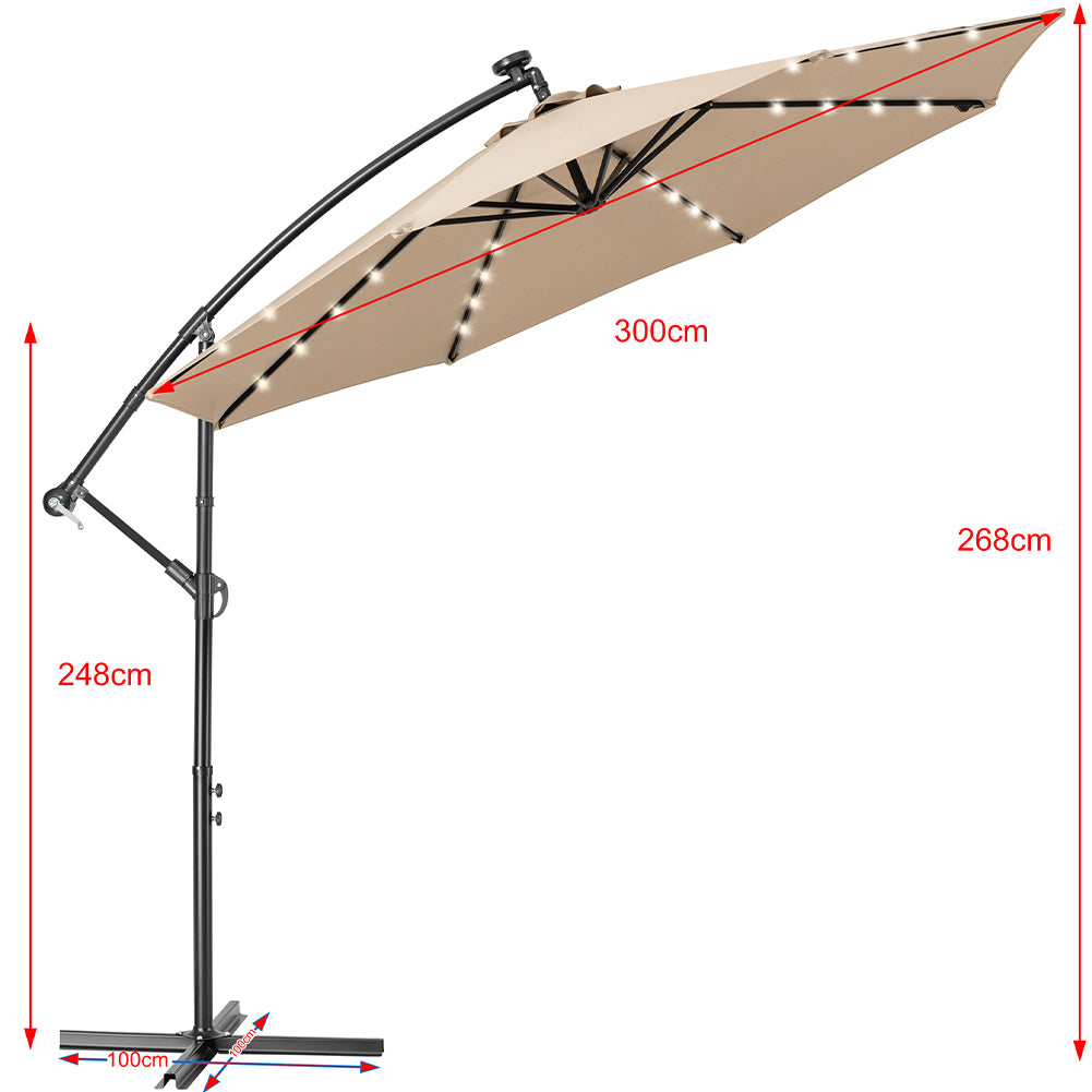 Ombrellone da Giardino 3mt Palo Decentrato 8stecche Carrucola Luci Led Ecrù