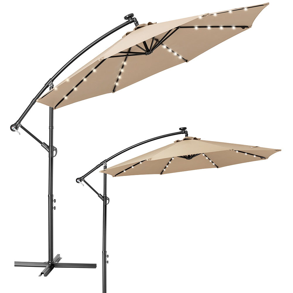 Ombrellone da Giardino 3mt Palo Decentrato 8stecche Carrucola Luci Led Ecrù