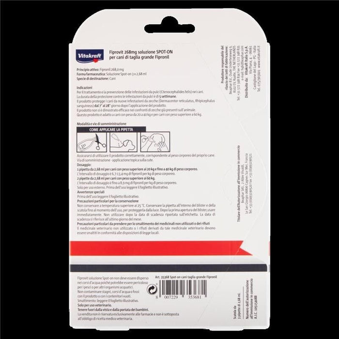 FIPROVIT 268 MG SOLUZIONE SPOT-ON PER CANI DI TAGLIA GRANDE FIPRONIL 3 X 2,68 ML