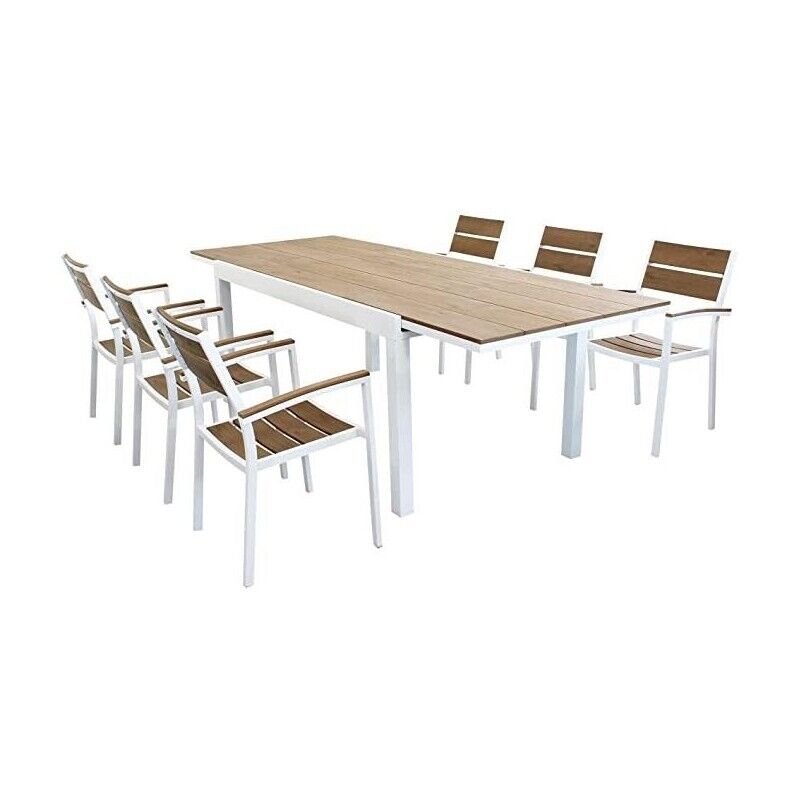 SET TAVOLO CAYMAN ALLUNGABILE CON 6 POLTRONE IN TEAK BIANCO E NATURALE
