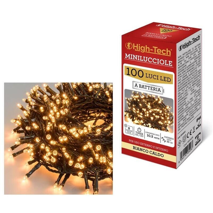 HIGH-TECH FILO DI 100 LUCI LED A BATTERIA IN COLORE BIANCO CALDO