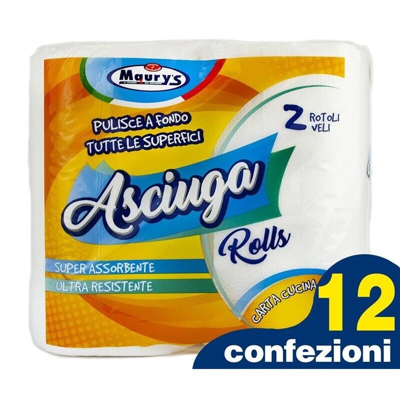 12 MAURY'S CARTA ASCIUGATUTTO CUCINA 2 ROTOLI 2 VELI ASCIUGA ROLLS 380GR