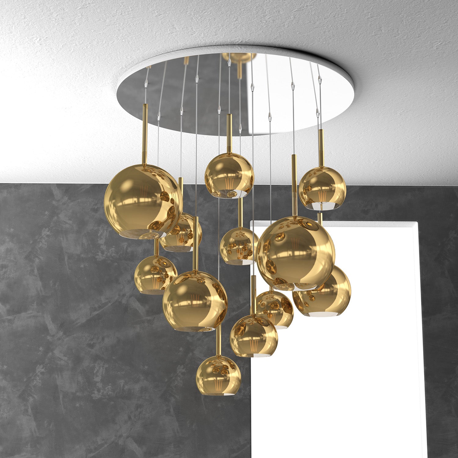 Lampadario Contemporaneo Future Metallo Cromo Vetro Mix Oro 12 Luci E27