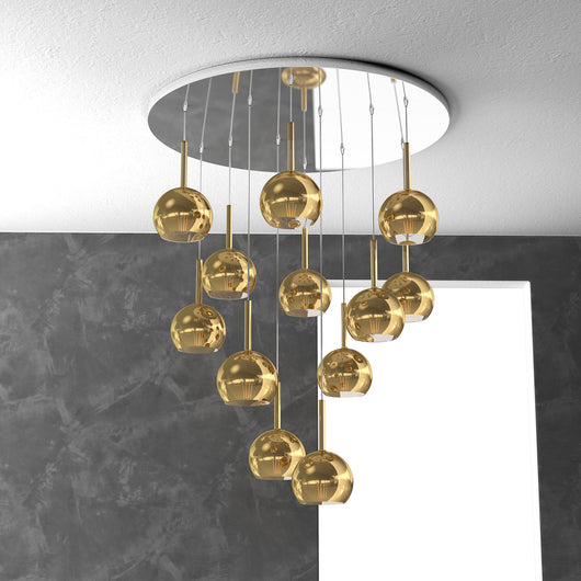 Lampadario Contemporaneo Future Metallo Cromo Vetro Oro 12 Luci E27