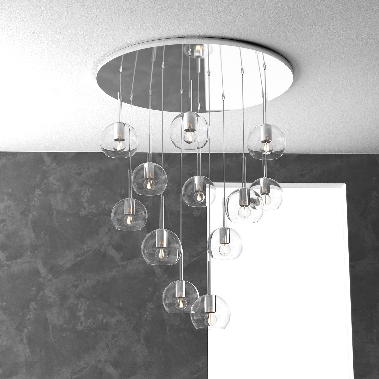 Lampadario Contemporaneo Future Metallo Cromo Vetro Trasparente 12 Luci E27