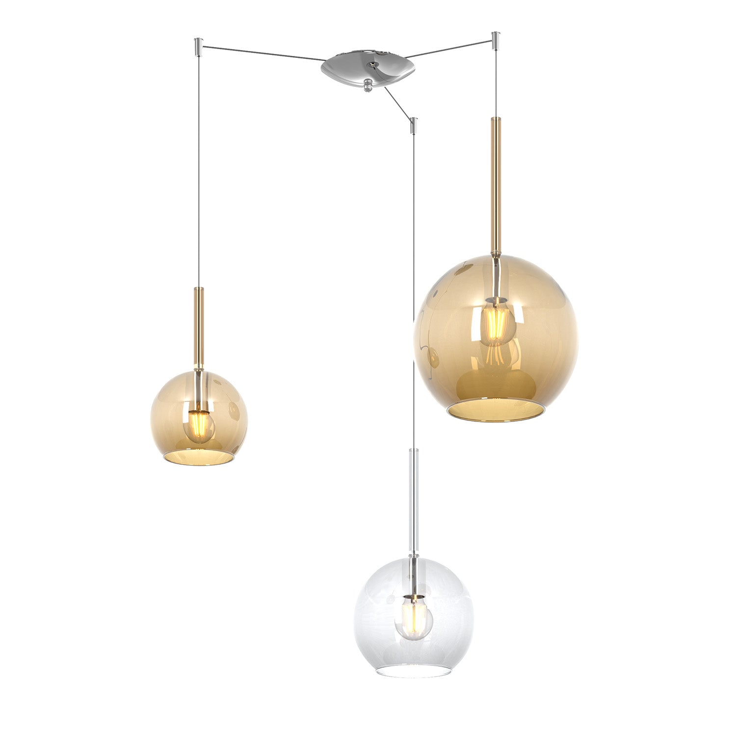 Lampadario Contemporaneo Future Metallo Cromo Vetro Mix Trasp-Ambra 3 Luci E27