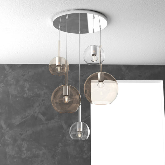 Lampadario Contemporaneo Future Metallo Cromo Vetro Mix Trasp-Ambra 5 Luci E27