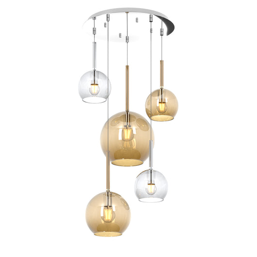 Lampadario Contemporaneo Future Metallo Cromo Vetro Mix Trasp-Ambra 5 Luci E27