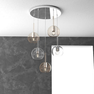 Lampadario Contemporaneo Future Metallo Cromo Vetro Trasp-Ambra 5 Luci E27