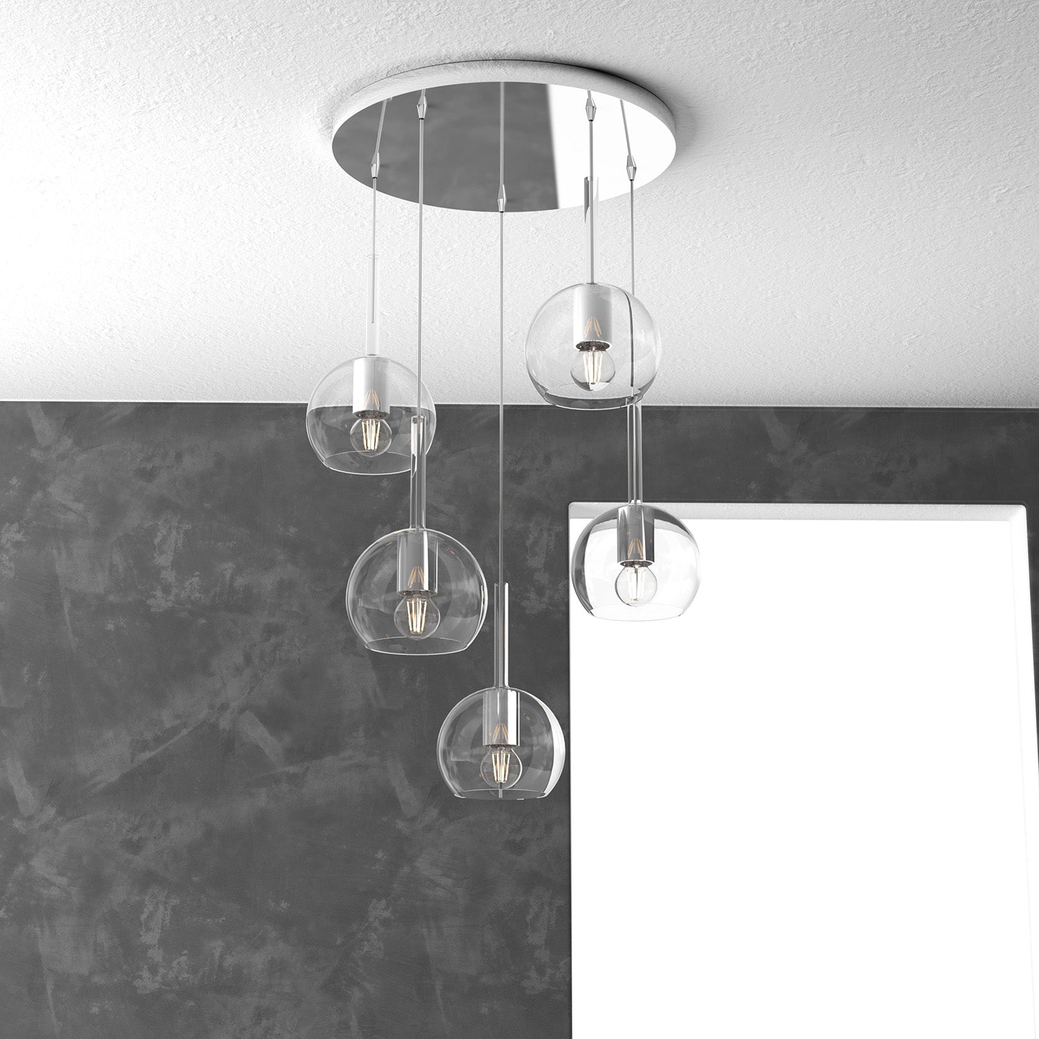 Lampadario Contemporaneo Future Metallo Cromo Vetro Trasparente 5 Luci E27