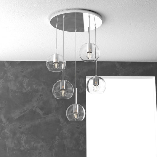 Lampadario Contemporaneo Future Metallo Cromo Vetro Trasparente 5 Luci E27