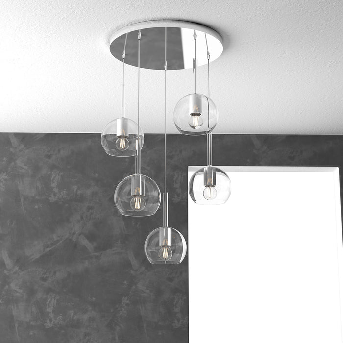 Lampadario Contemporaneo Future Metallo Cromo Vetro Trasparente 5 Luci E27