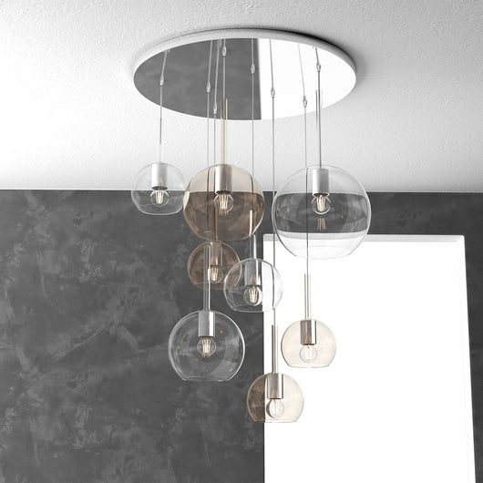 Lampadario Contemporaneo Future Metallo Cromo Vetro Mix Trasp-Ambra 8 Luci E27