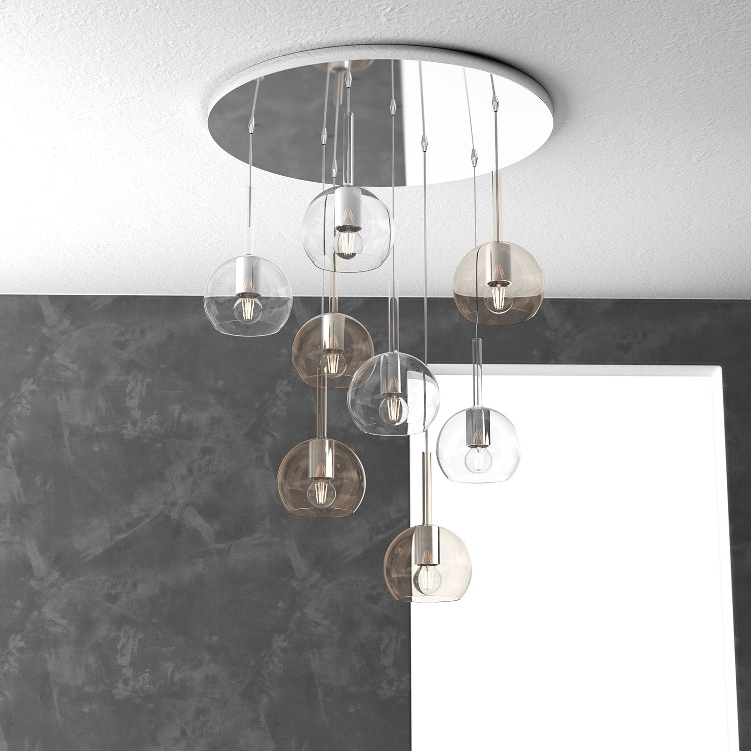 Lampadario Contemporaneo Future Metallo Cromo Vetro Trasp-Ambra 8 Luci E27