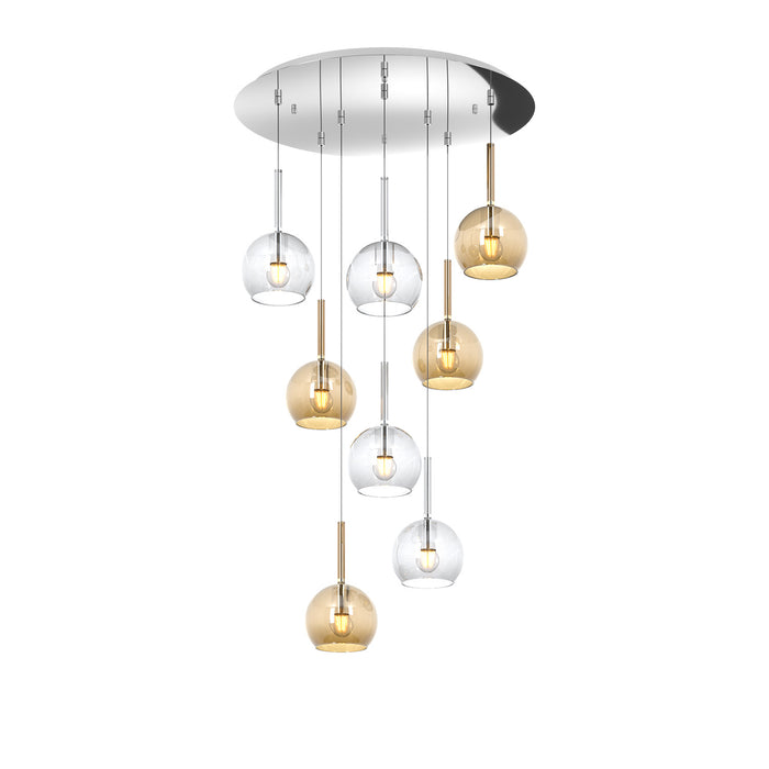 Lampadario Contemporaneo Future Metallo Cromo Vetro Trasp-Ambra 8 Luci E27