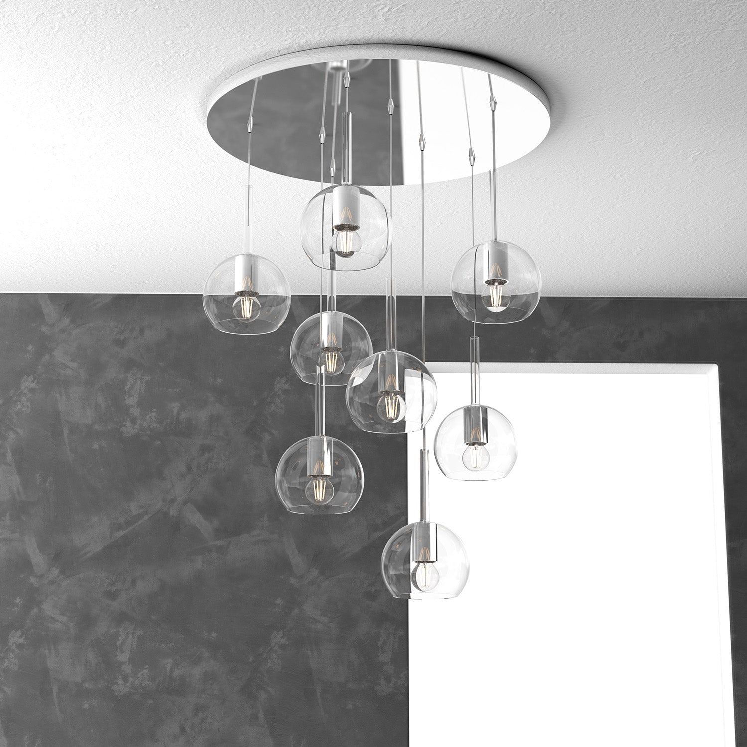 Lampadario Contemporaneo Future Metallo Cromo Vetro Trasparente 8 Luci E27