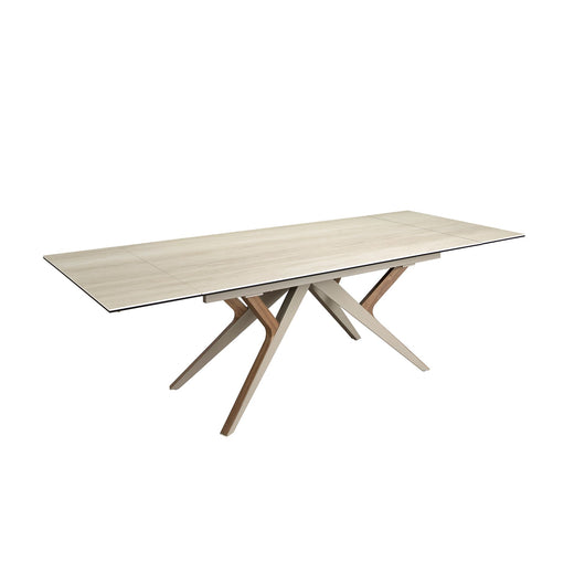 Tavolo da pranzo rettangolare allungabile in marmo porcellanato, acciaio sabbia metallizzato e noce