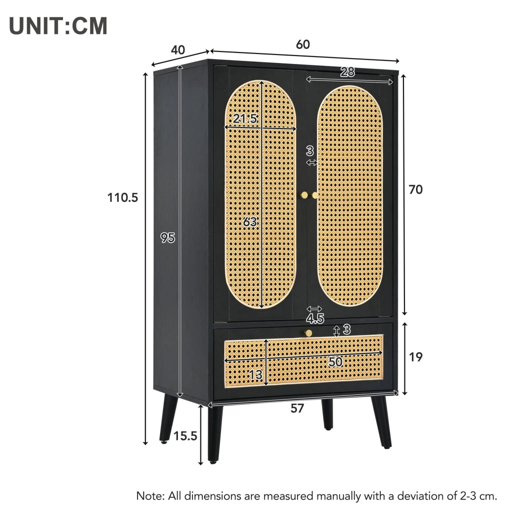Credenza compatta (1,1m) - Zephmum - Design rattan, nero, 2 ante, 1 cassetto