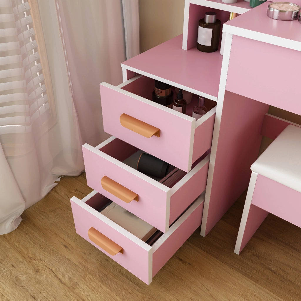 Toeletta con specchio; illuminazione LED regolabile e 4 cassetti - per camera da letto - in MDF - rosa