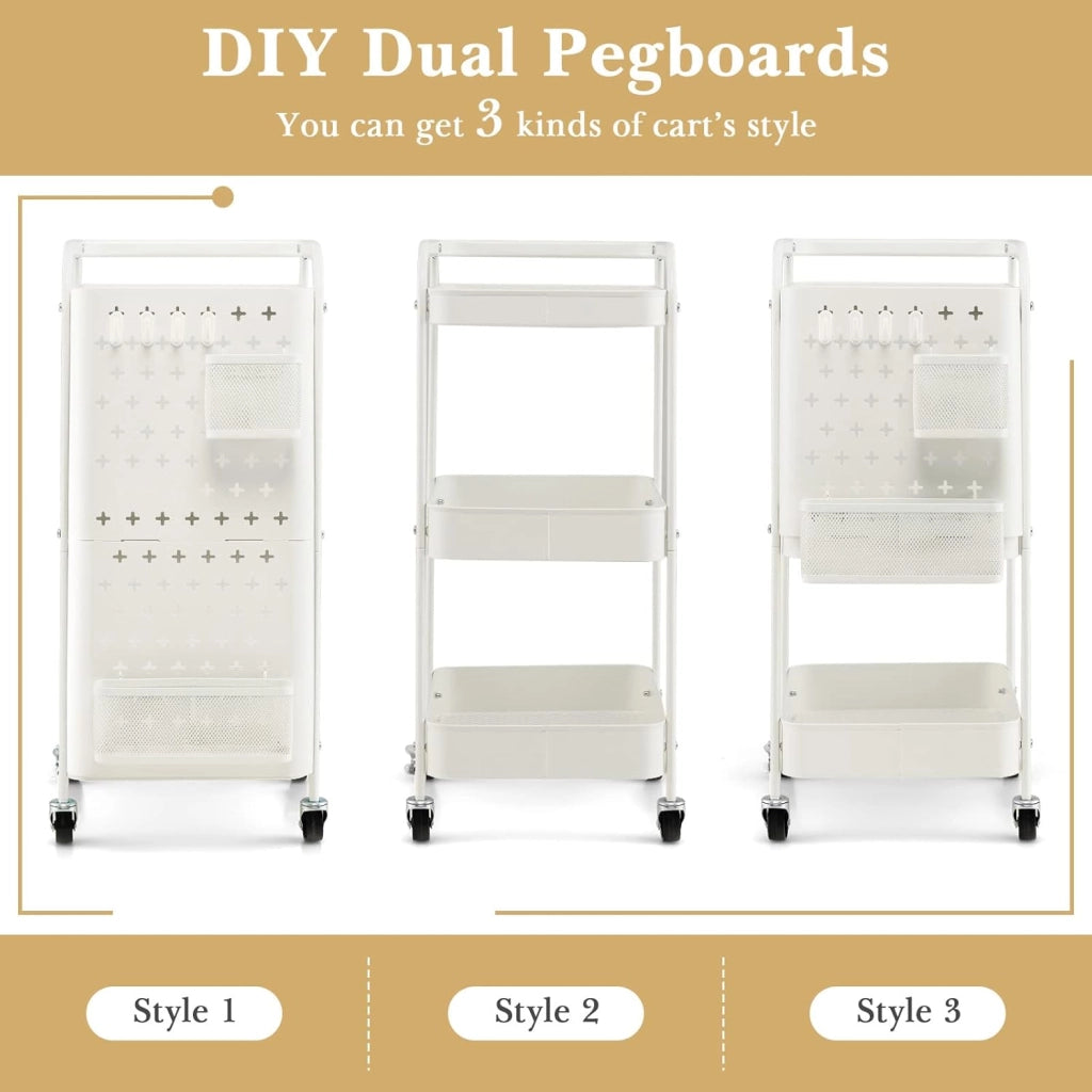 Carrello Mobile in Metallo a 3 Livelli, Carrello con Bordo di Pin, Cestini di Stoccaggio, Ganci, Carrello di Servizio con 4 Ruote, per Cucina, Bagno, Ufficio, 52x33x75cm