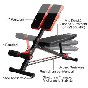 PANCA MULTIFUNZIONALE REGOLABILE PER ALLENAMENTO GAMBE ADDOME E GLUTEI NERO E ROSSO